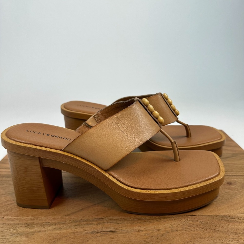 New Womens Lucky Brand Mandelia Brown Beaded Sandals Block Heeled‎ Size 9.5